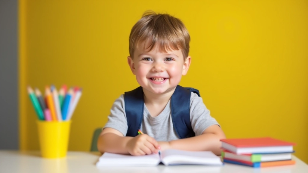 Enfant avec fournitures scolaires et cartable, rentrée scolaire, table de travail colorée