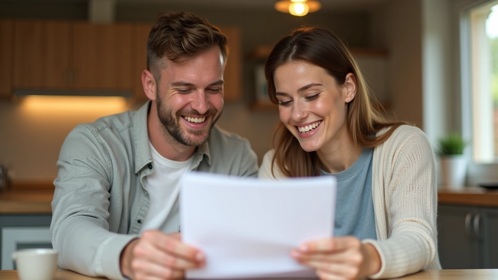 Famille regardant ensemble un relevé de paiement CAF sur un document avec sourire de satisfaction