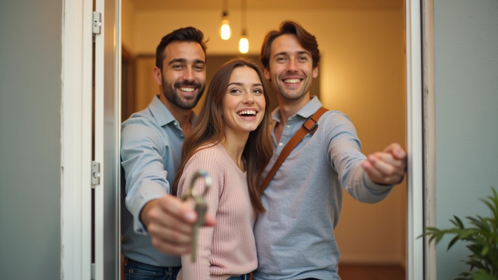 Famille devant maison, clés en main, moment d'accès à la propriété, joie et fierté