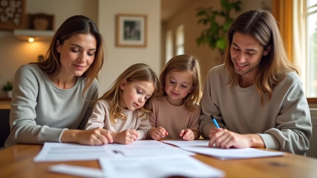 Famille assise à table en train de discuter budget et finances domestiques