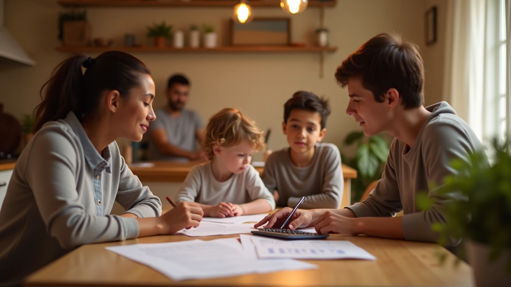 Famille travaillant sur la planification budgétaire ensemble à table