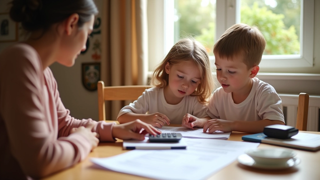 Famille avec enfants autour d'une table avec documents budgétaires et calculatrice