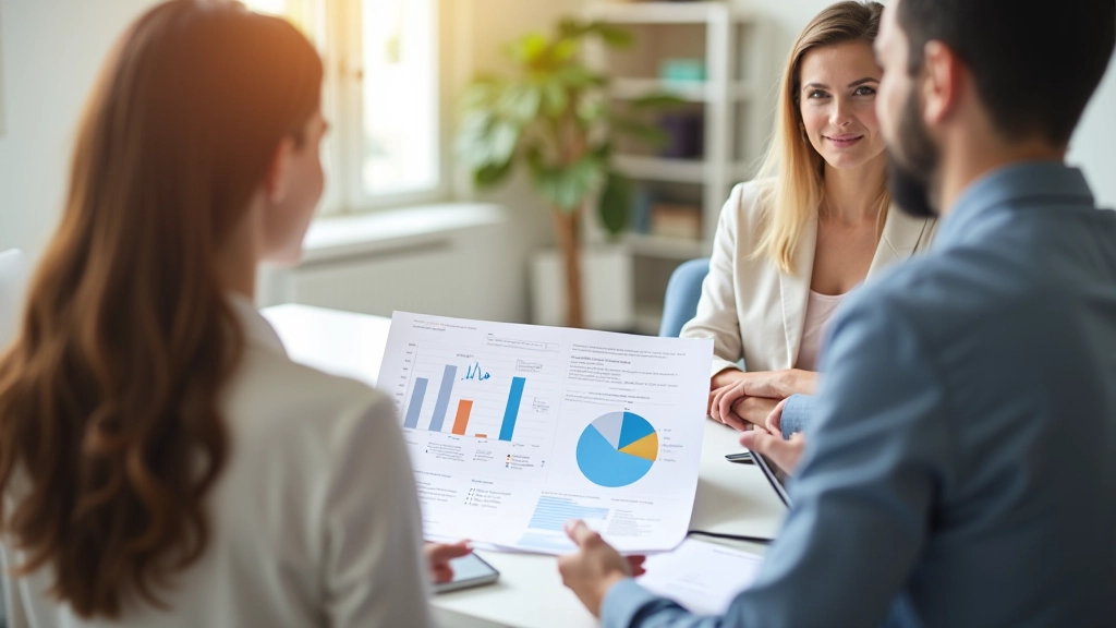 Parent consultant montrant des graphiques budgétaires sur tableau