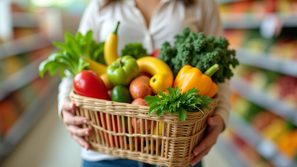 Panier d'épicerie rempli de fruits et légumes frais avec liste de courses organisée