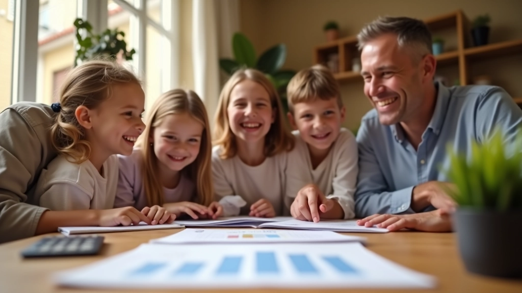 Famille heureuse autour d'une table avec documents de planification financière et calculatrice
