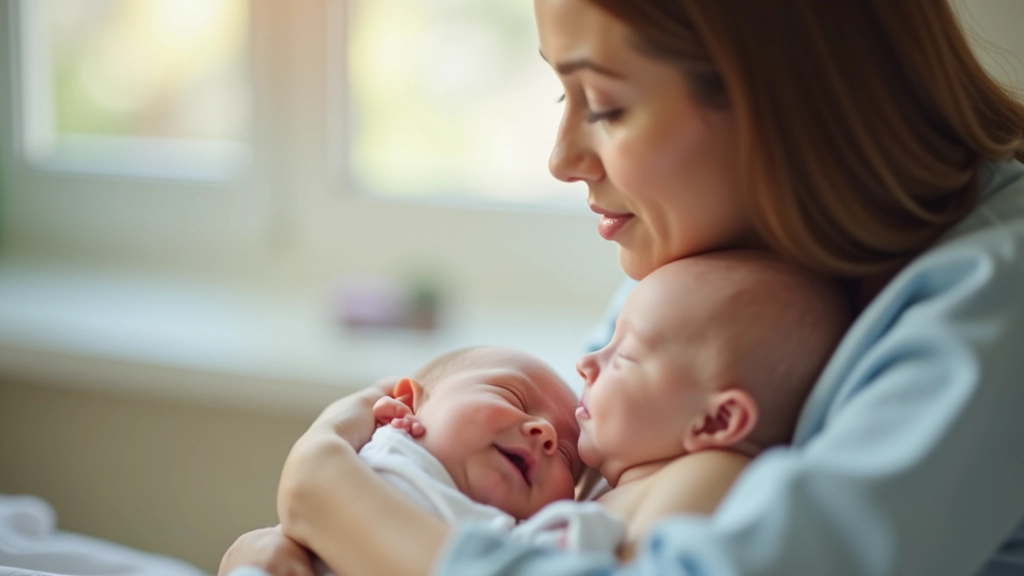 Mère et nouveau-né, maternité moderne, lumière naturelle douce, tendresse