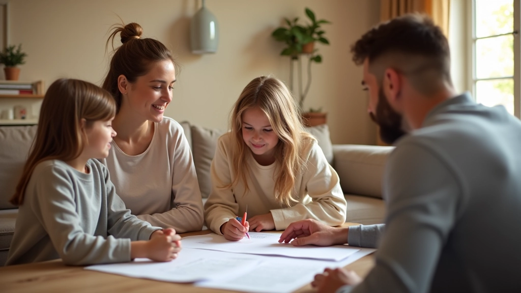 Parents et enfants discutant ensemble, documents et plans d'épargne sur table
