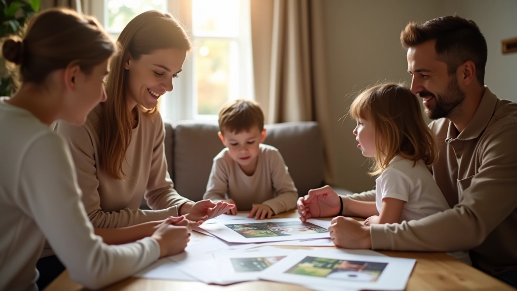 Parents discutant de projets futurs avec enfants, photo de maison et documents de planification
