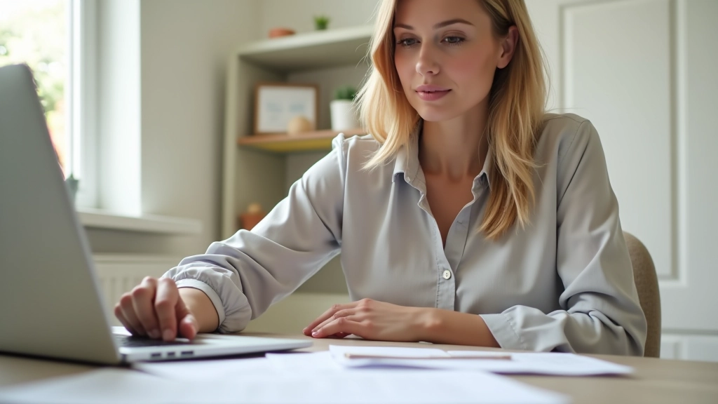 Parent remplissant un formulaire CAF avec documents administratifs et ordinateur portable